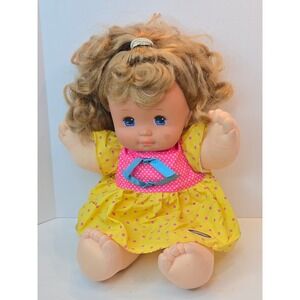 Vintage Mattel Magic Nursery Doll Blonde Curly Hair Yellow Pink Polka Dot Dress